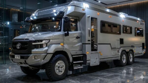 Exterior view of the 2026 Kia Motorhome on the open road