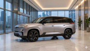 2027 Toyota Highlander all-electric SUV on display exterior
