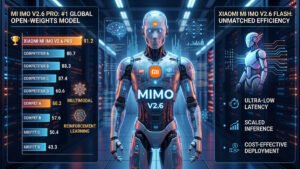 Digital representation of Xiaomi MiMo-V2.6 AI architecture showing reinforcement learning network nodes
