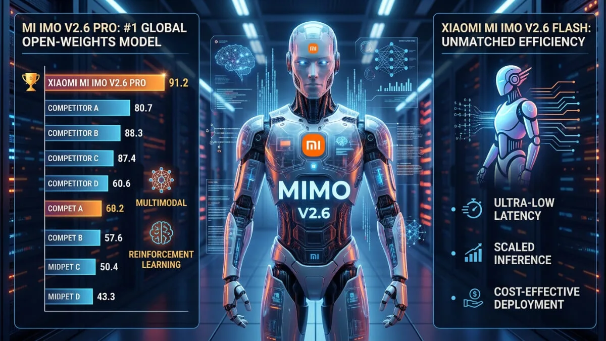 Digital representation of Xiaomi MiMo-V2.6 AI architecture showing reinforcement learning network nodes